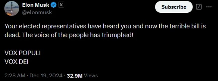 Elon Musk bullied the entire congress into shutting down the government.